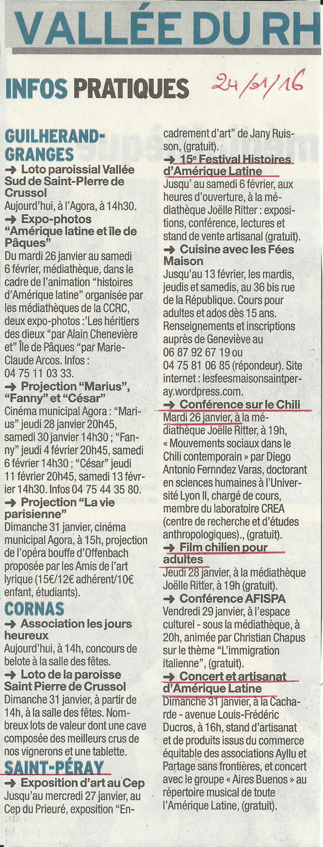 15 eme édition semaine "Histoires d'Amérique latine" de Saint-Péray en ardèche avec l'association Ayllu et Partage sans Frontières - la presse - article du Dauphiné libéré