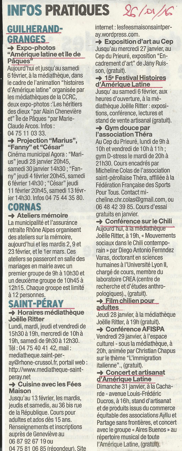 15 eme édition semaine "Histoires d'Amérique latine" de Saint-Péray en ardèche avec l'association Ayllu et Partage sans Frontières - la presse - article du Dauphiné libéré