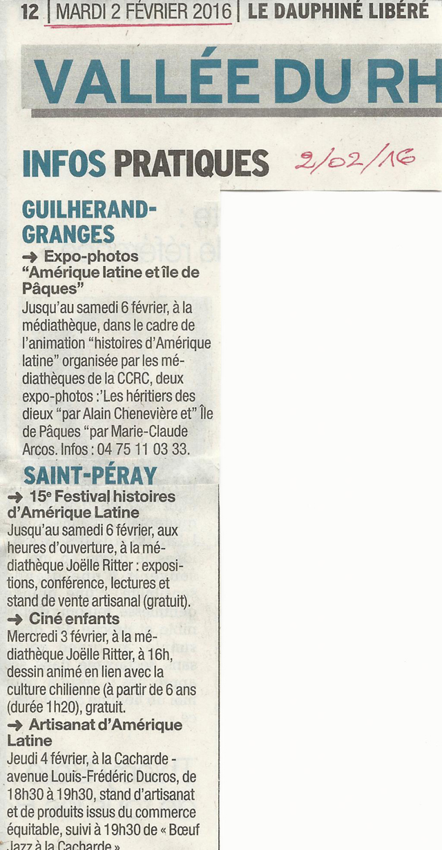 15 eme édition semaine "Histoires d'Amérique latine" de Saint-Péray en ardèche avec l'association Ayllu et Partage sans Frontières - la presse - article du Dauphiné libéré
