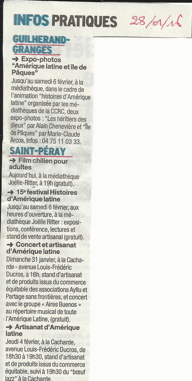 15 eme édition semaine "Histoires d'Amérique latine" de Saint-Péray en ardèche avec l'association Ayllu et Partage sans Frontières - la presse - article du Dauphiné libéré